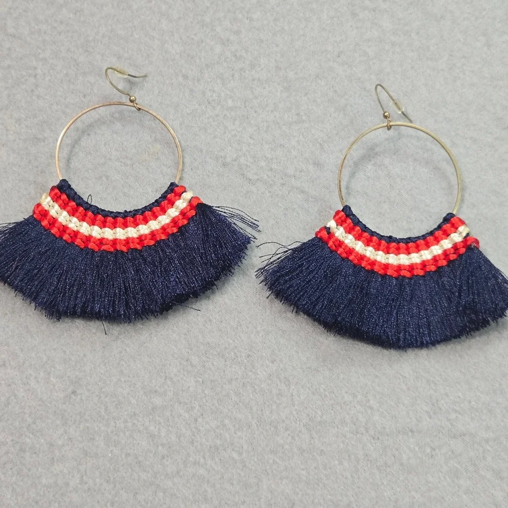 Plunder Tassel Hoop Earrings Women OS Navy Red White Striped Fringe‎ Fan Boho